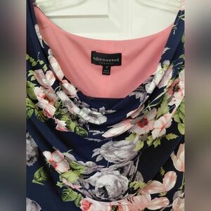 Connected Apparel Navy Floral Cowl Neck Dress with Pink Lining